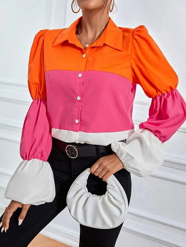 CM-TS849849 Women Casual Seoul Style Color Block Flounce Sleeve Shirt