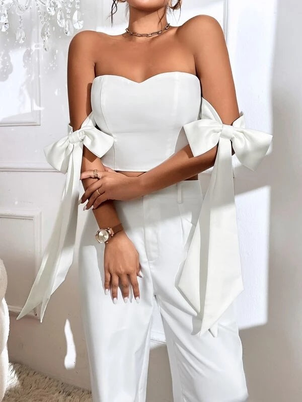 CM-TS404594 Women Casual Seoul Style Knot Side Zip Back Bustier Crop Top - White