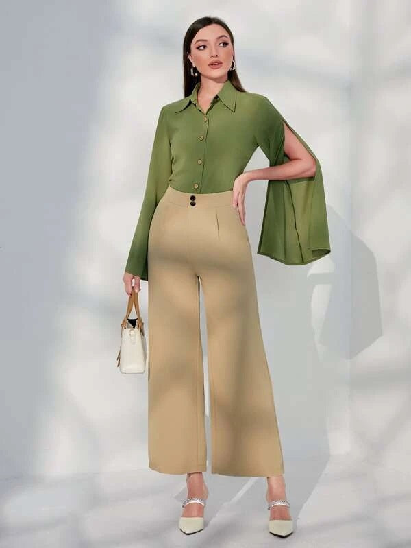 CM-TS033131 Women Elegant Seoul Style Split Sleeve Button Front Shirt - Army Green