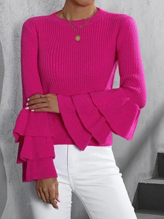 CM-CS212101 Women Elegant Seoul Style Layered Sleeve Ribbed Knit Sweater - Hot Pink