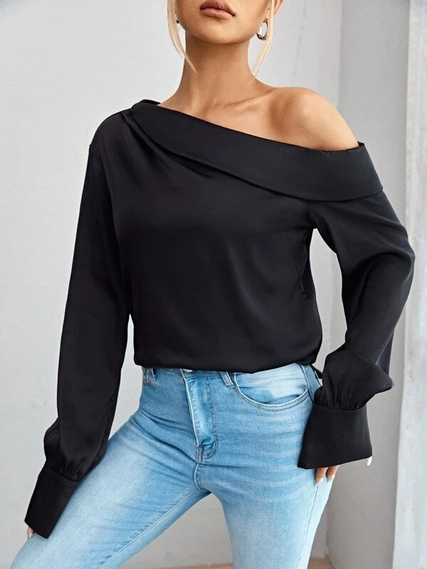 CM-TS785135 Women Elegant Seoul Style Solid Asymmetrical Neck Blouse - Black