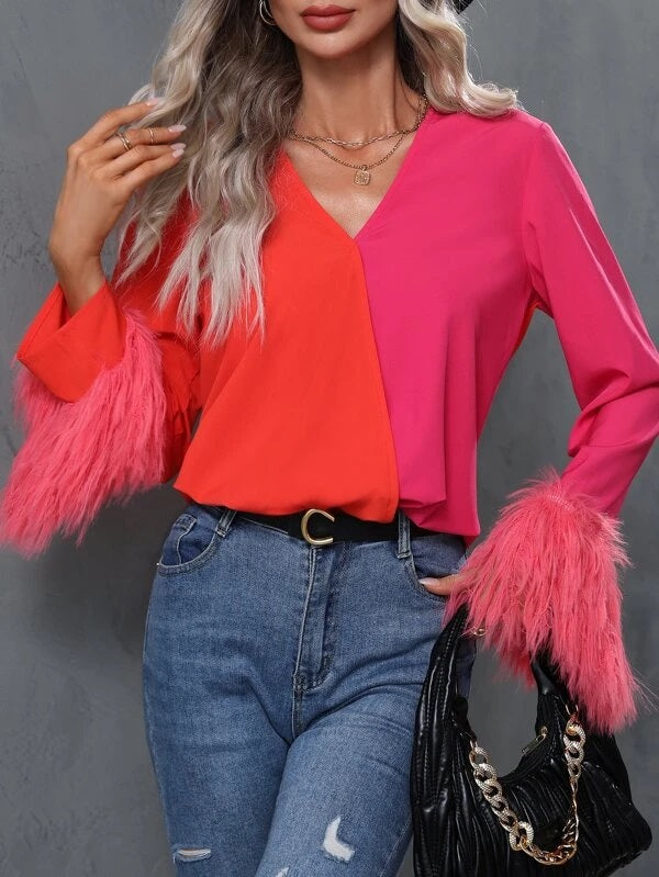 CM-TS196898 Women Elegant Seoul Style Two Tone Fuzzy Cuff Long Sleeve Blouse