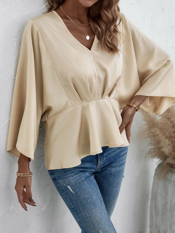 CM-TS130131 Women Elegant Seoul Style Solid V-Neck Peplum Blouse - Apricot