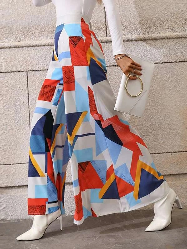 CM-BS008140 Women Trendy Bohemian Style Geometric Print Wide Leg Pants