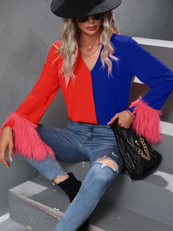 CM-TS513713 Women Elegant Seoul Style Two Tone Fuzzy Cuff Long Sleeve Blouse