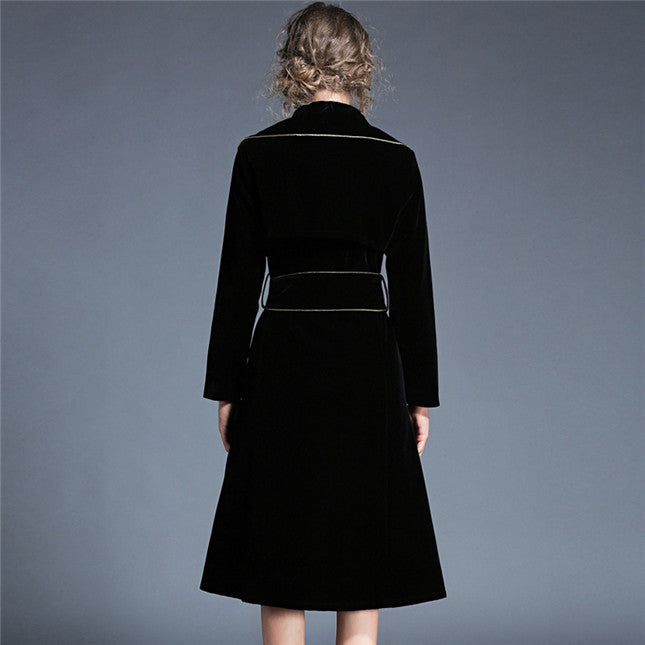 CM-CF110625 Women European Style Turn-Down Collar Tie Waist Long Coat - Black