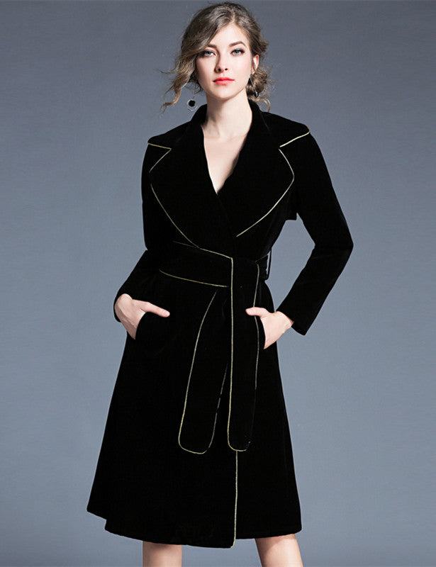 CM-CF110625 Women European Style Turn-Down Collar Tie Waist Long Coat - Black