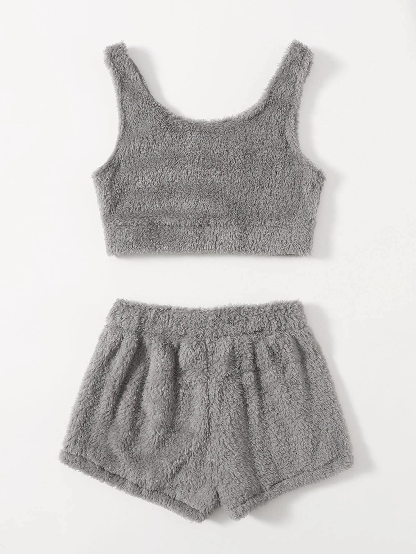 CM-LS406119 Women Trendy Seoul Style Plush Tank Top With Shorts Teddy Lounge Set - Gray
