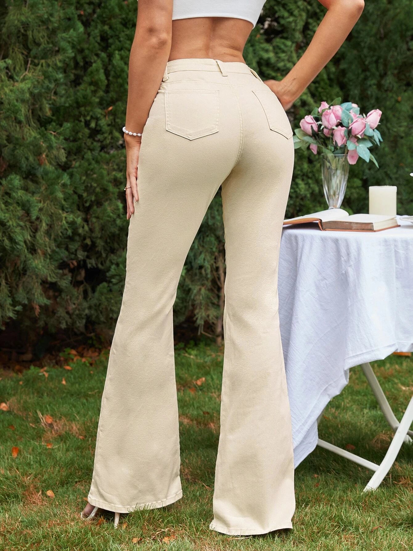 CM-BS944297 Women Casual Seoul Style Zip Fly Flare Leg Jeans - Beige