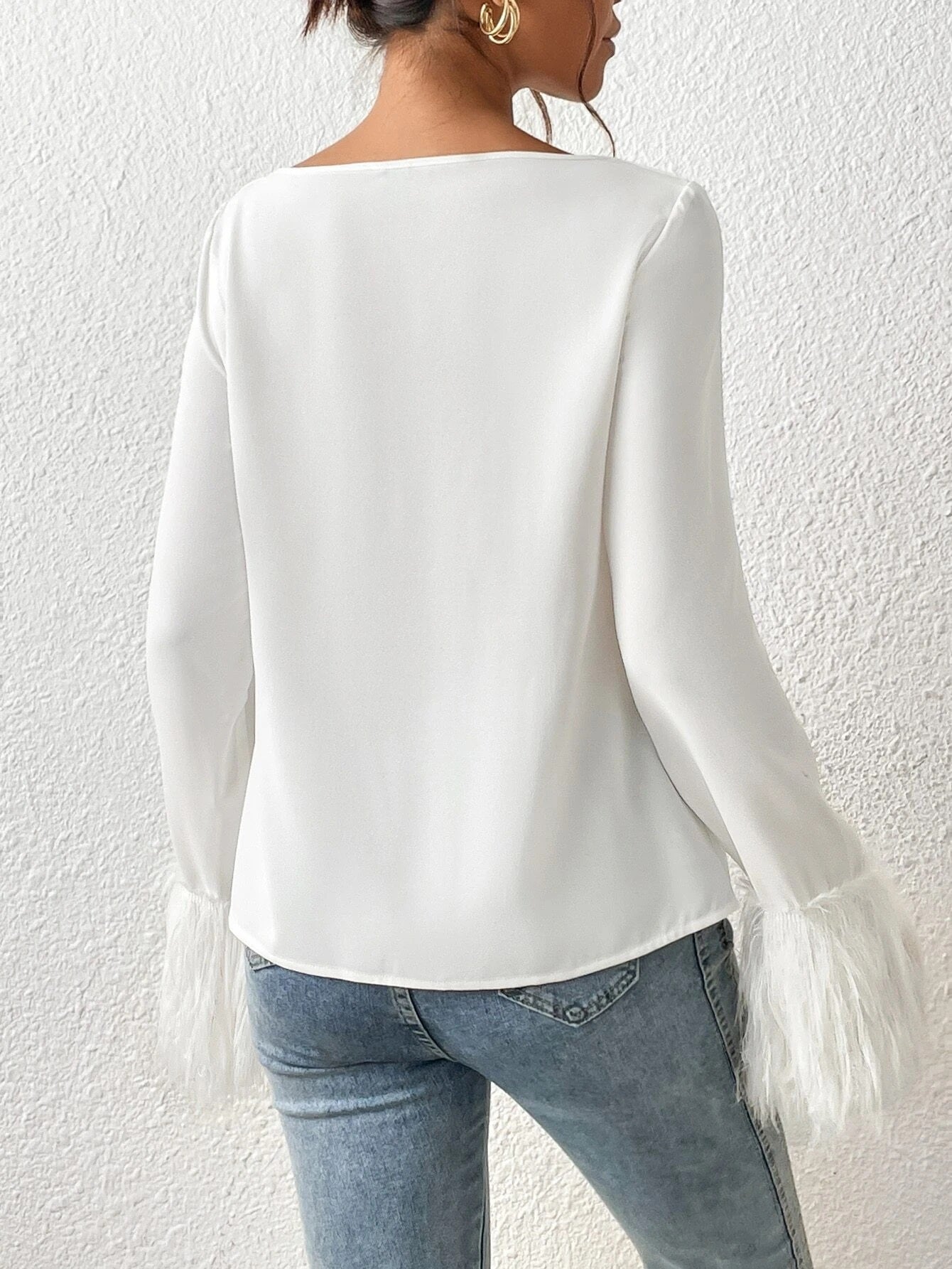 CM-TS577189 Women Elegant Seoul Style Draped Collar Fuzzy Cuff Blouse - White