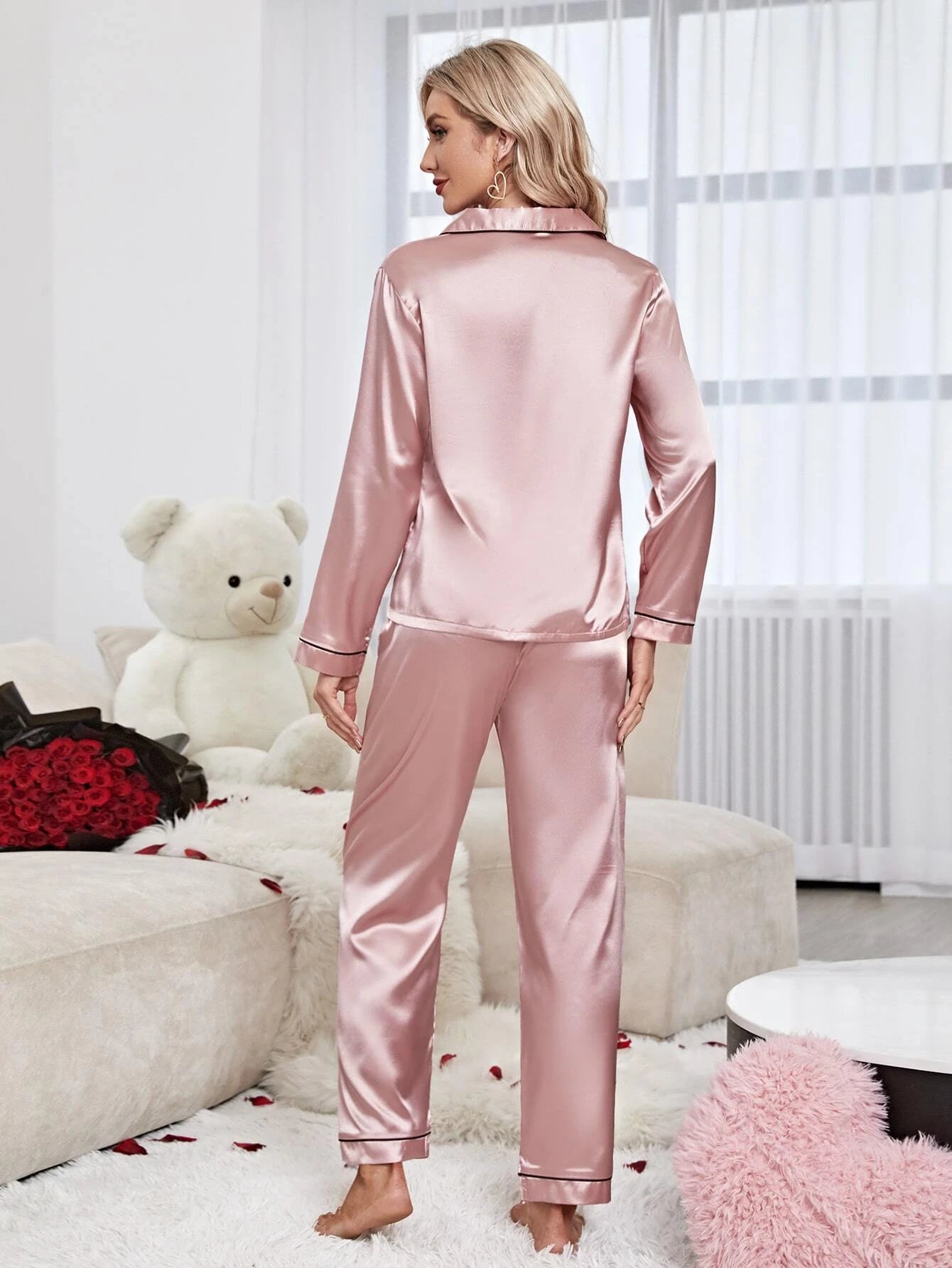 CM-LS458315 Women Trendy Seoul Style Contrast Piping Tie Front Satin Pajama Set - Baby Pink