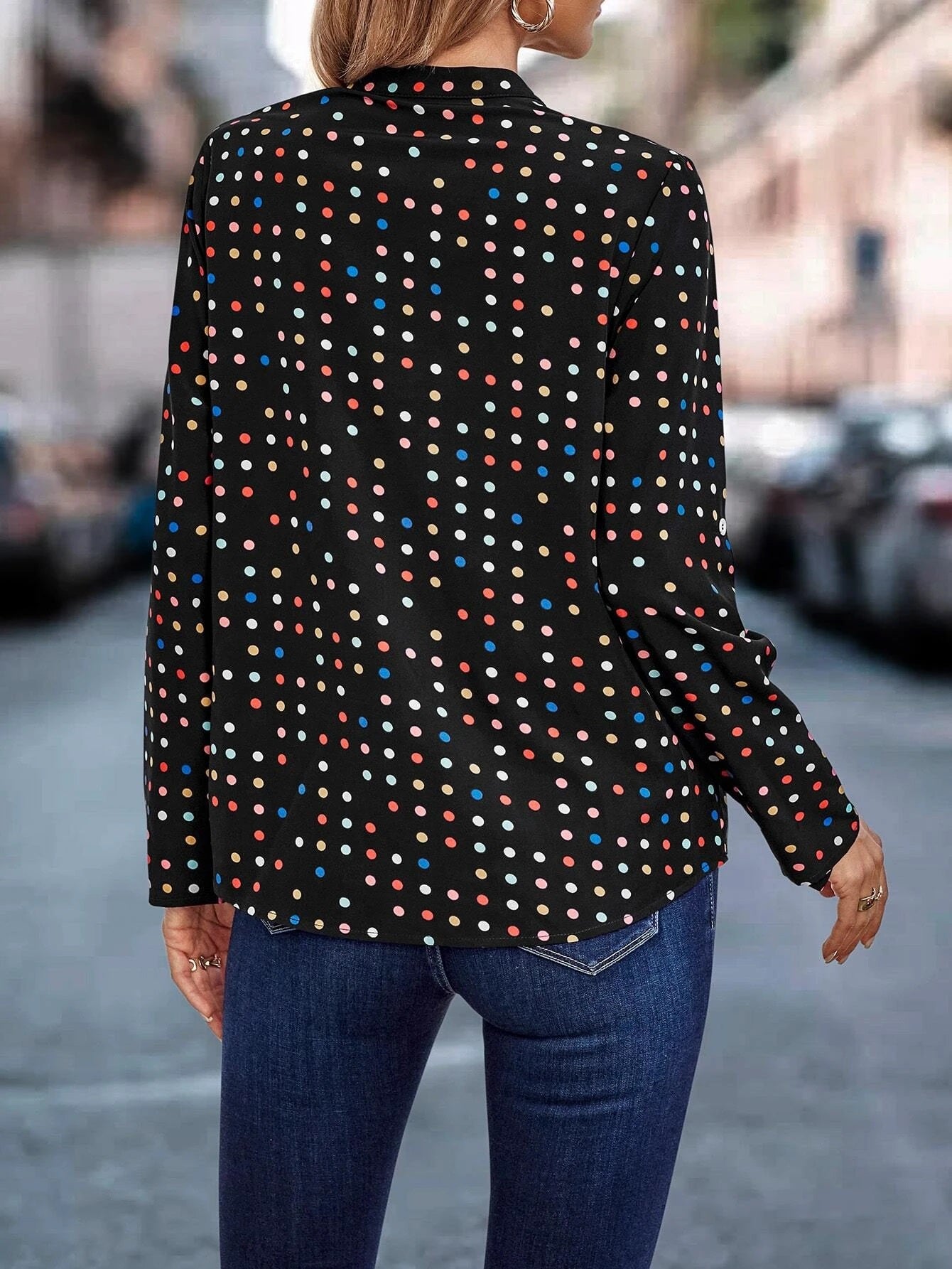 CM-TS502853 Women Casual Seoul Style Polka Dot Print Notched Neckline Blouse - Black