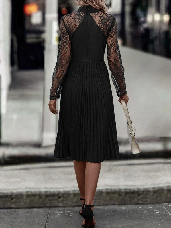 CM-DS696654 Women Elegant Seoul Style Contrast Lace Pleated Hem Dress - Black