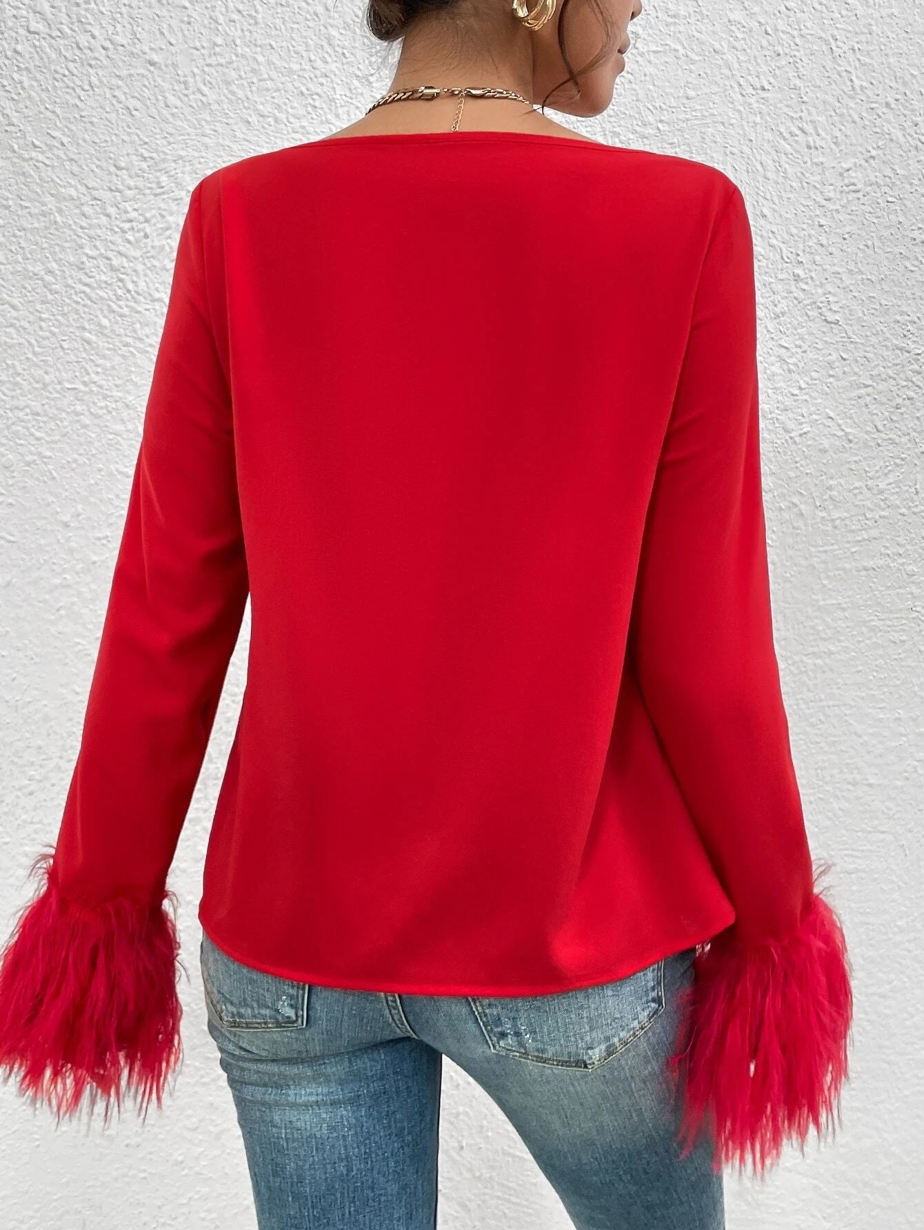 CM-TS875687 Women Elegant Seoul Style Draped Collar Fuzzy Cuff Blouse - Red