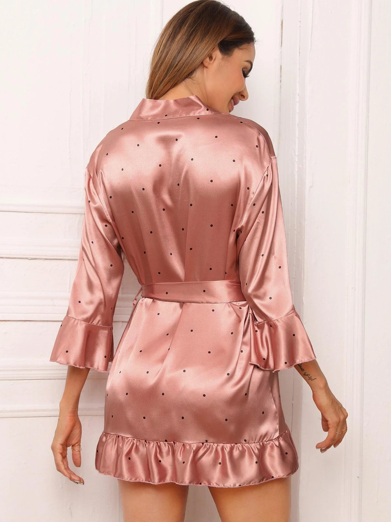 CM-LS310181 Women Trendy Seoul Style Polka Dot Ruffle Hem Belted Satin Robe - Pink