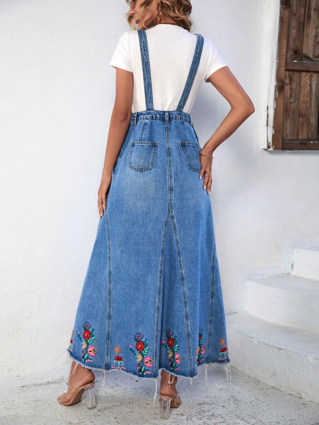 CM-DS652111 Women Preppy Seoul Style Light Wash Floral Embroidery Flap Pocket Denim Dress