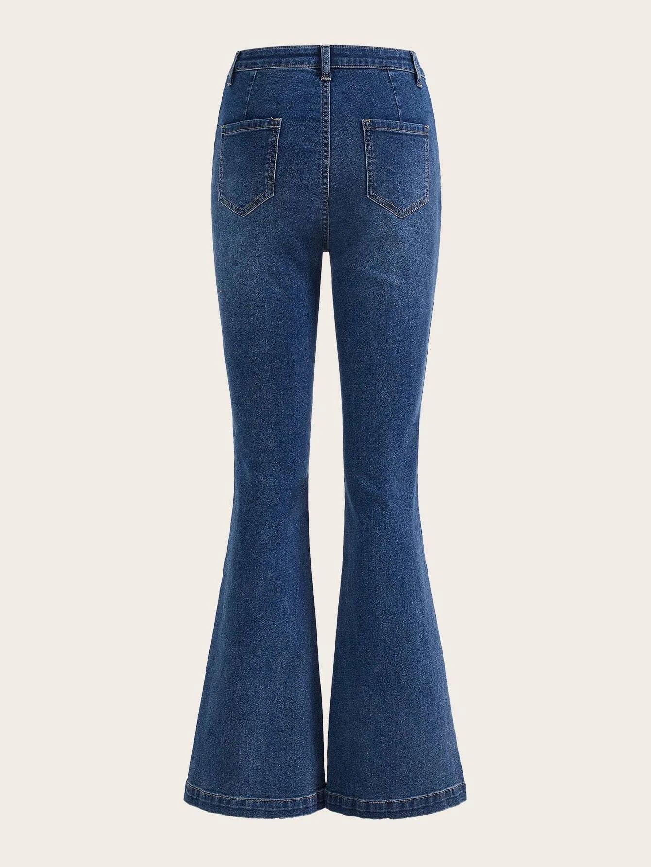 CM-BS581628 Women Preppy Seoul Style Medium Wash Ripped Flare Leg Jeans