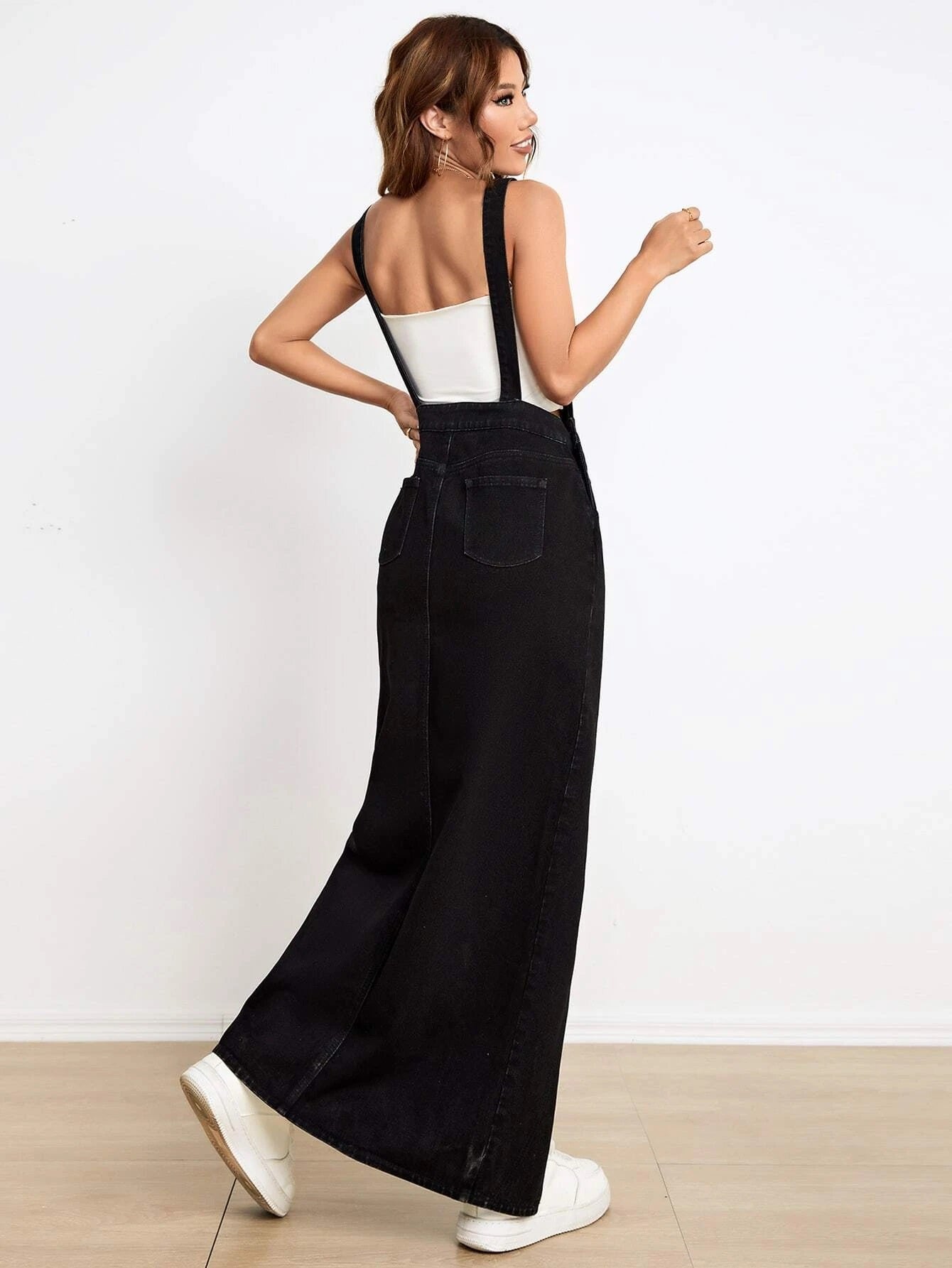 CM-DS883532 Women Preppy Seoul Style Slant Pocket Split Thigh Denim Overall Dress - Black