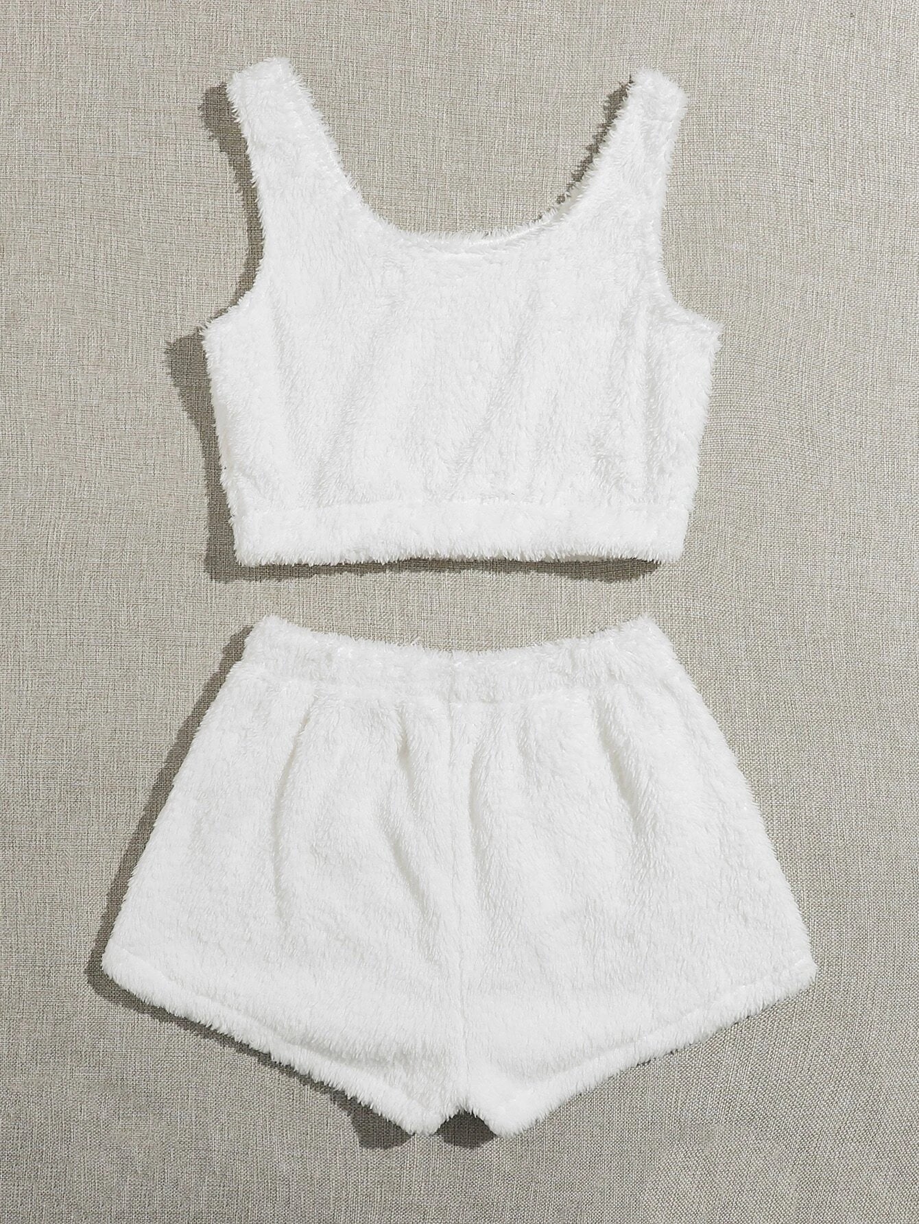 CM-LS824874 Women Trendy Seoul Style Plush Tank Top With Shorts Teddy Lounge Set - White