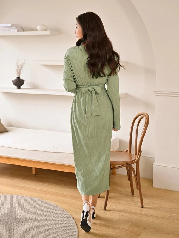 CM-DS441900 Women Casual Seoul Style Drop Shoulder Split Hem Belted Dress - Lime Green