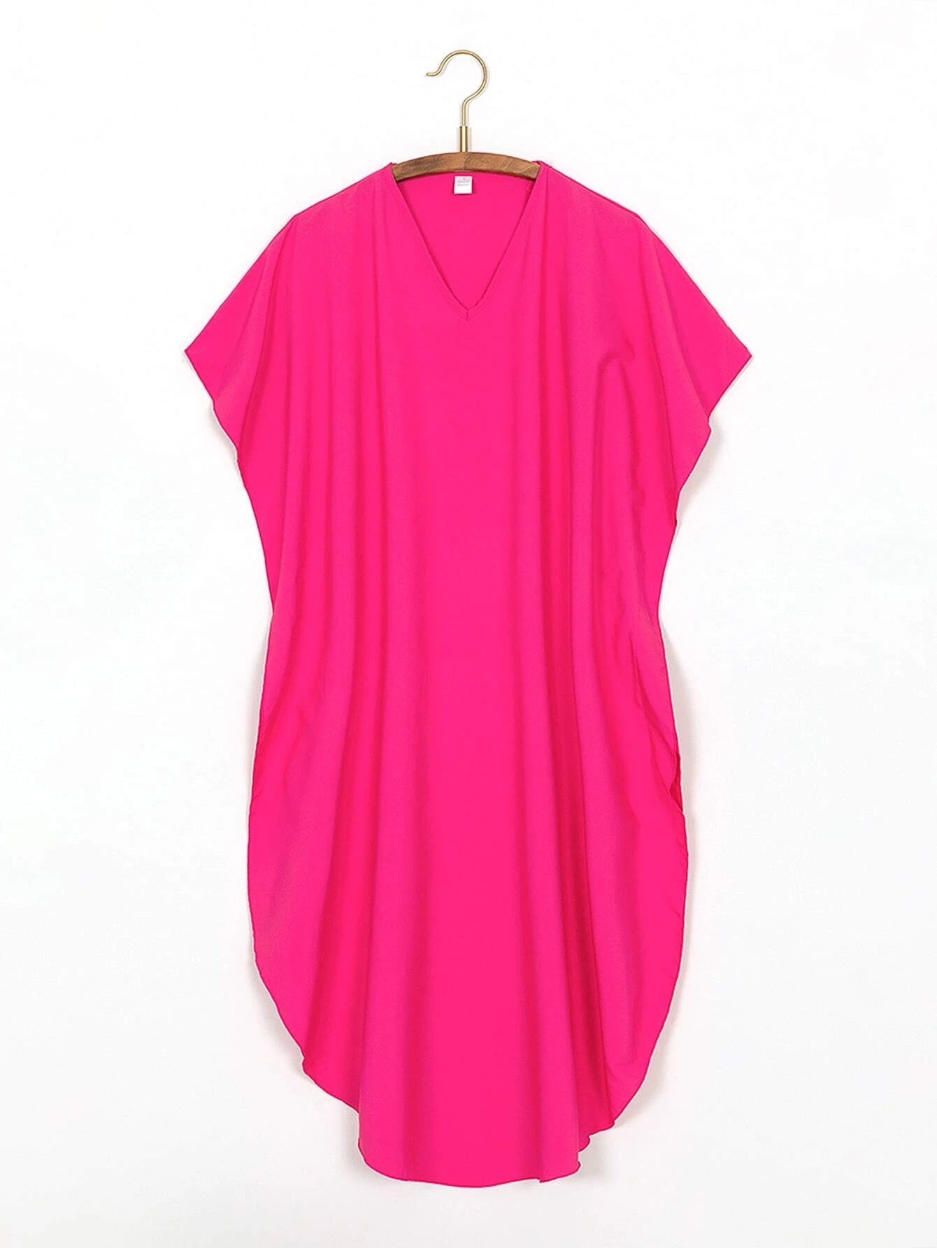 CM-SWS020381 Women Trendy Bohemian Style Solid Batwing Sleeve Cover Up Dress - Hot Pink