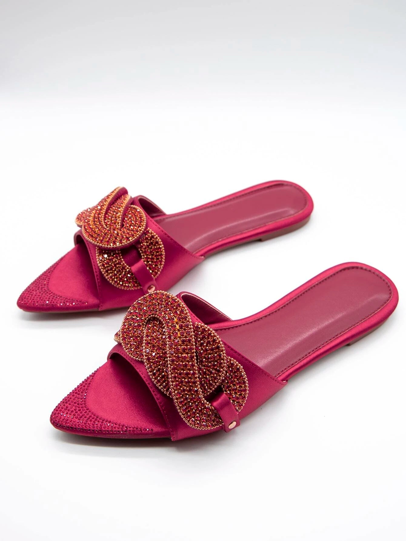 CM-SHS649414 Women Trendy Seoul Style Satin Rhinestone Decor Slide Sandals - Red