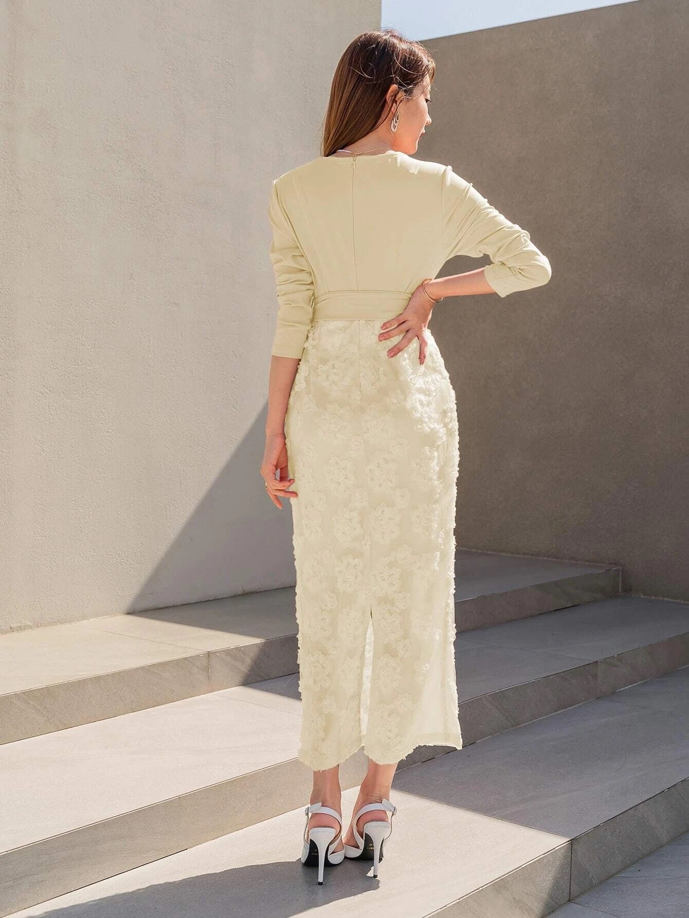 CM-DS618786 Women Elegant Seoul Style Floral Jacquard Split Back Belted Dress - Apricot