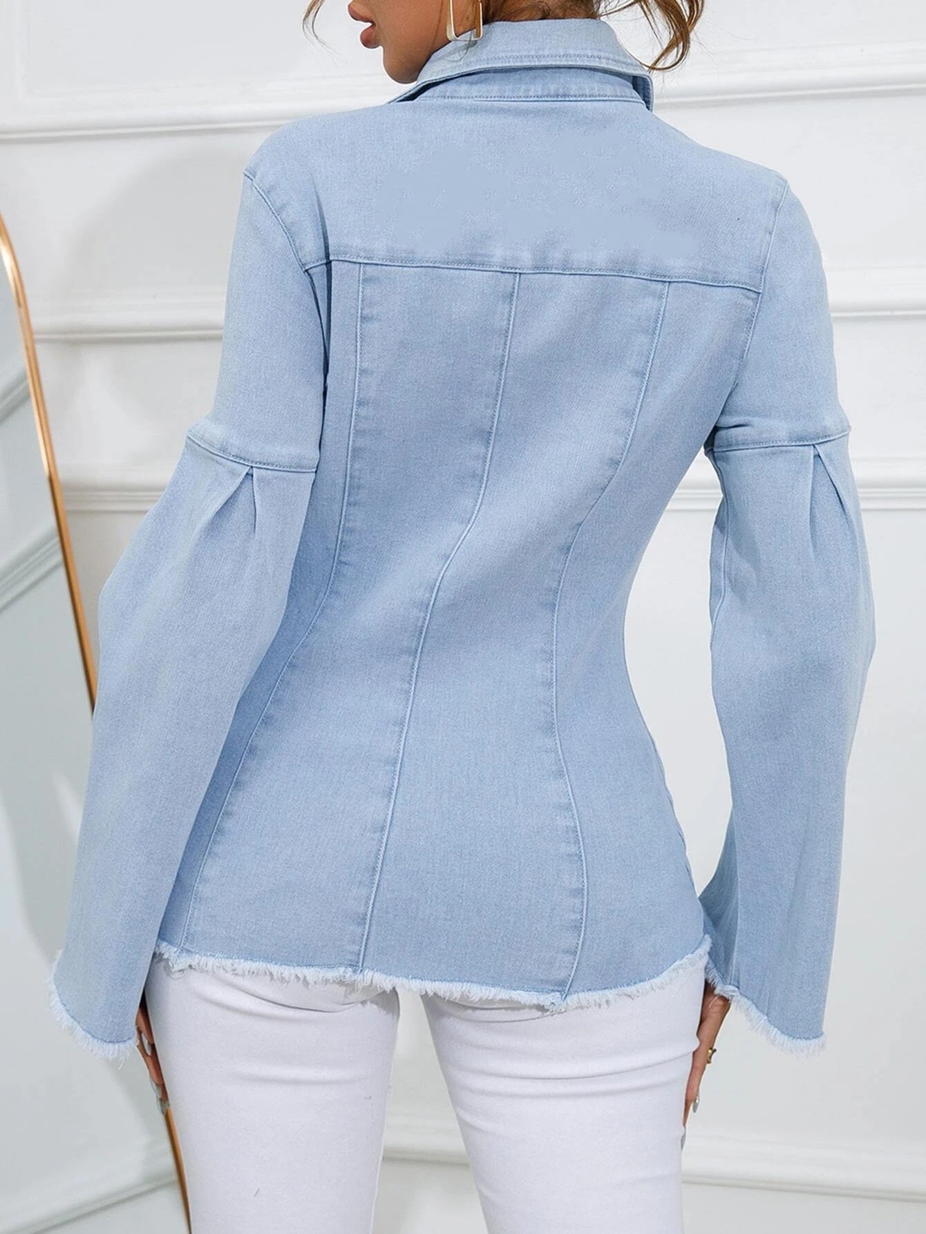 CM-TS002260 Women Preppy Seoul Style Light Wash Flap Pocket Raw Cut Denim Shirt