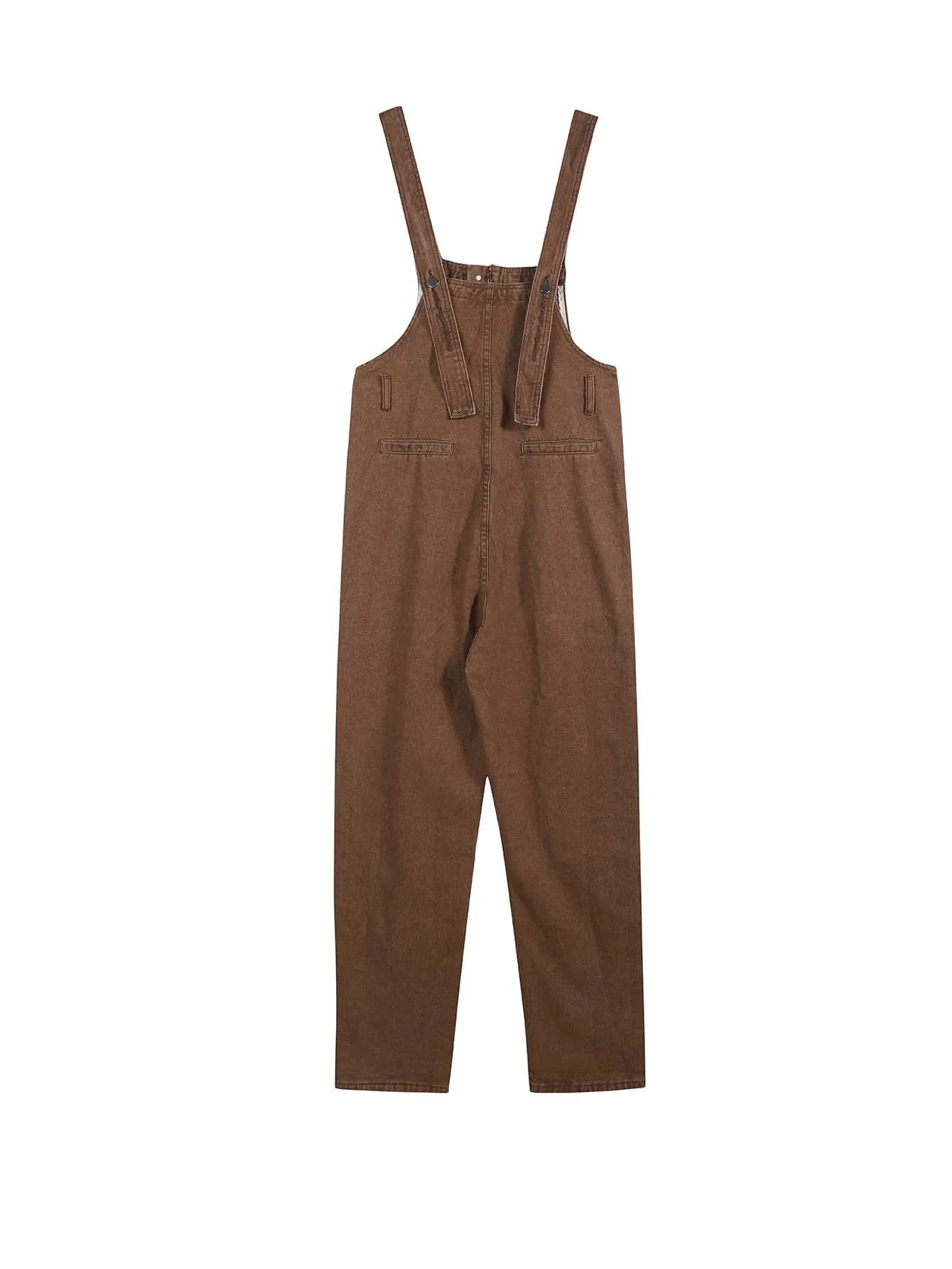 CM-JS954796 Women Preppy Seoul Style Solid Button Front Denim Overalls - Coffee Brown