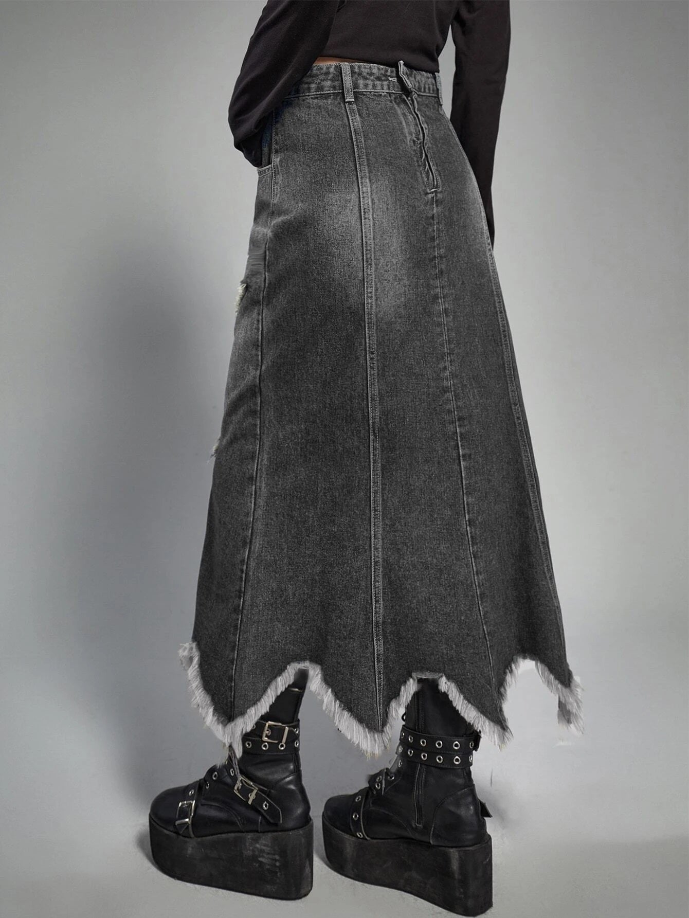 CM-BS381028 Women Preppy Seoul Style Punk Star Pattern Raw Hem Slant Pocket Denim Skirt