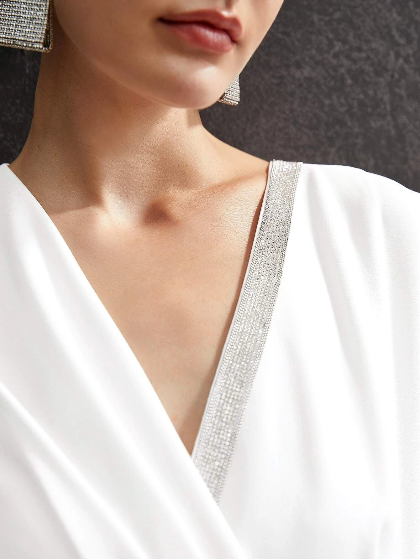 CM-JS651109 Women Elegant Seoul Style Glitter Tape Asymmetrical Jumpsuit - White