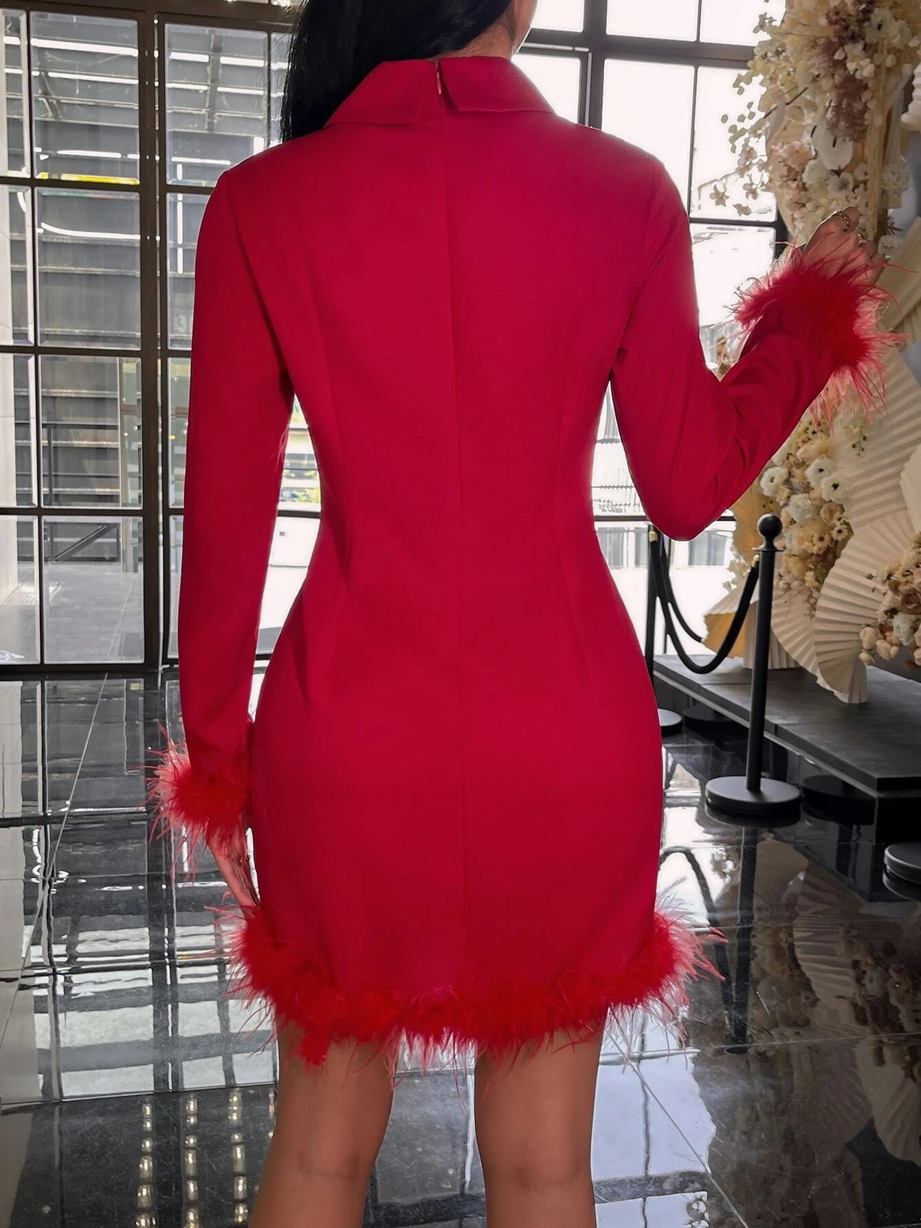 CM-DS140961 Women Elegant Seoul Style Long Sleeve Solid Fuzzy Trim Bodycon Dress - Red