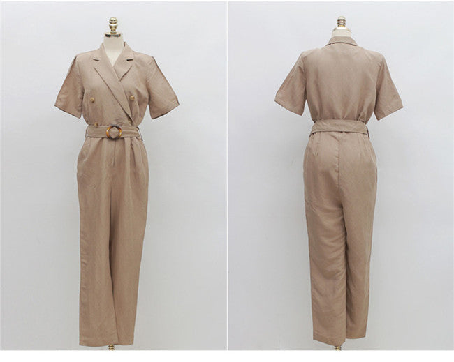 CM-JF070815 Women European Style Tailored Collar Tie Waist Long Jumpsuit - Khaki