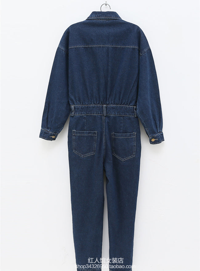CM-JF070717 Women Casual Retro Style Turn-Down Collar Long Sleeve Denim Jumpsuit