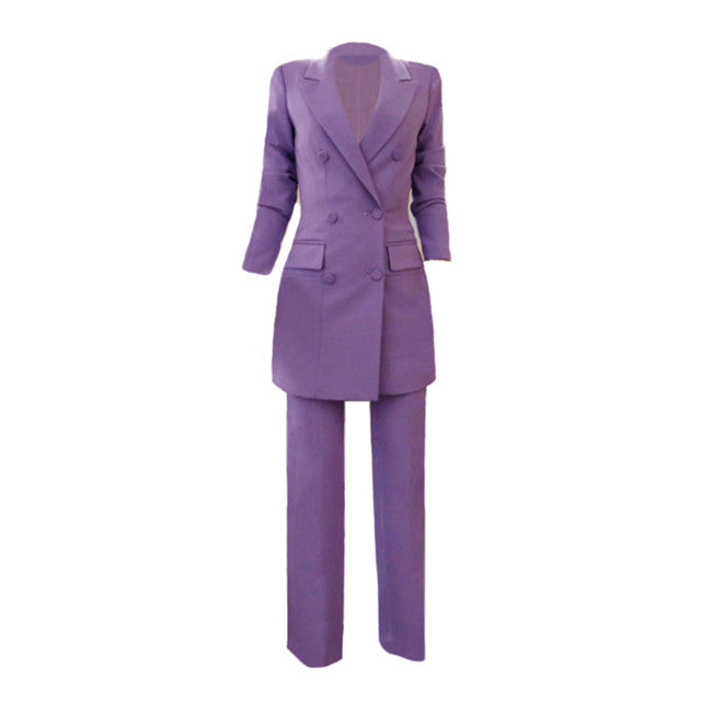 CM-SF082902 Women European Style Purple Tailored Collar Slim Long Leisure Suits - Set