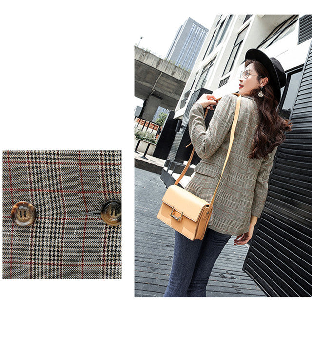 CM-CF092227 Women Casual Seoul Style Long Sleeve Turn-down Collar Plaids Short Jacket