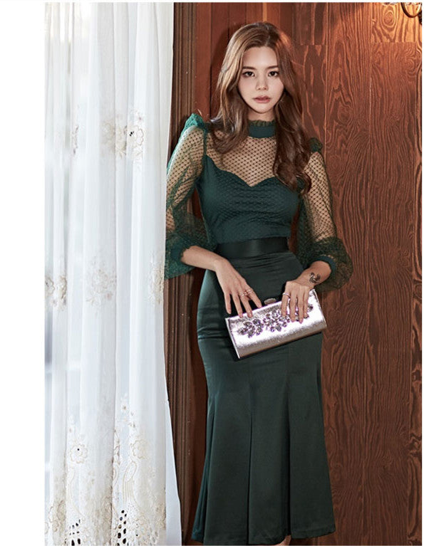 CM-SF092401 Women Elegant Seoul Style Lace Dots Blouse With High Waist Fishtail Long Skirt - Set