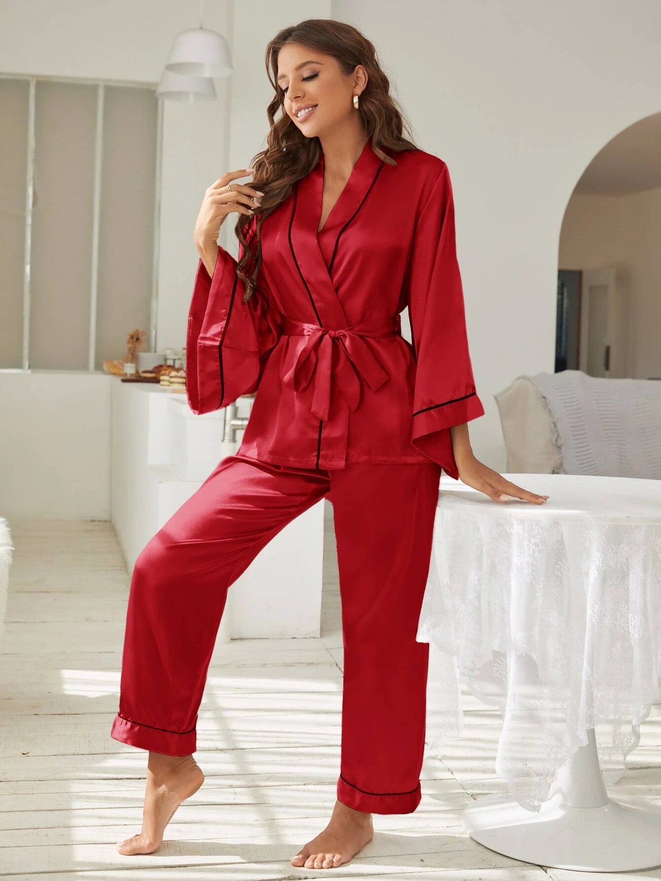 CM-LS579534 Women Trendy Seoul Style Contrast Piping Belted Satin Night Set - Red