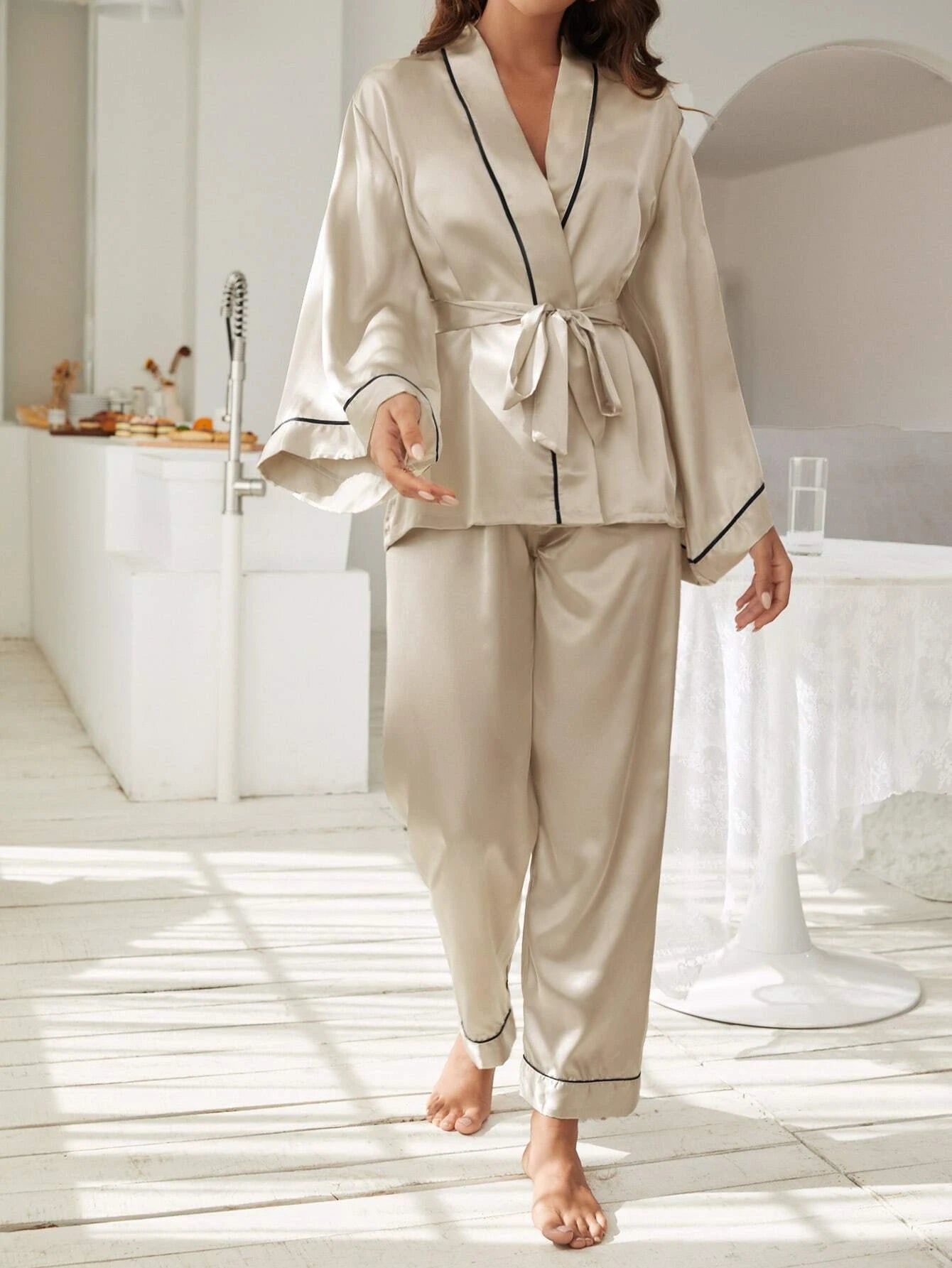 CM-LS817832 Women Trendy Seoul Style Contrast Piping Belted Satin Night Set - Beige