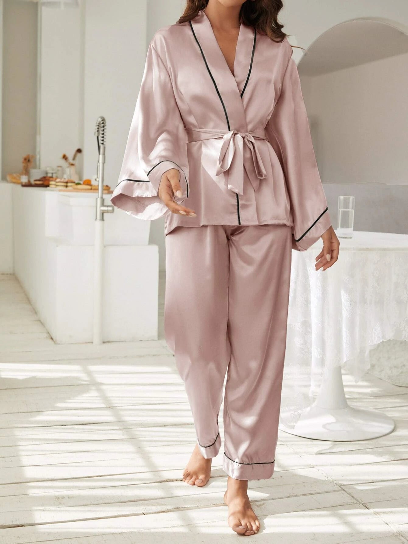 CM-LS093303 Women Trendy Seoul Style Contrast Piping Belted Satin Night Set - Dusty Pink
