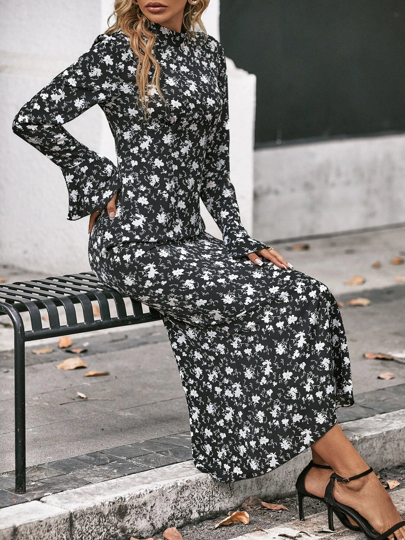 CM-DS281182 Women Casual Seoul Style Floral Print Flounce Sleeve Mermaid Hem Dress