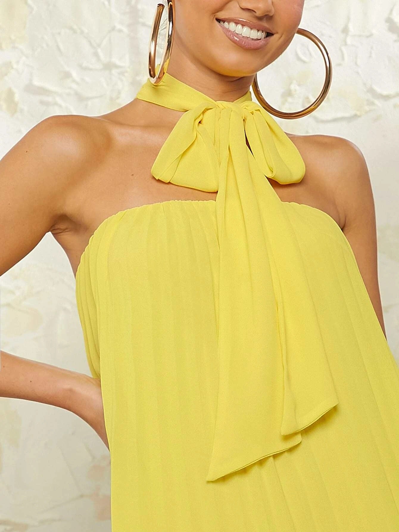 CM-DS119099 Women Elegant Seoul Style Sleeveless Solid Pleated Halter Dress - Yellow