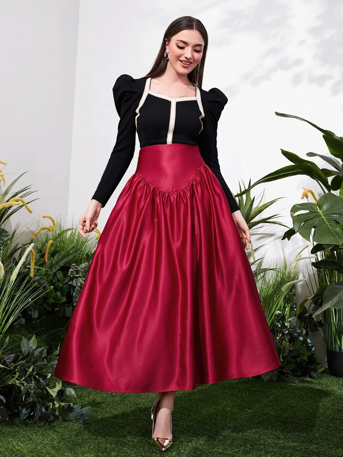 CM-BS535451 Women Elegant Seoul Style High Waist Satin Skirt - Burgundy