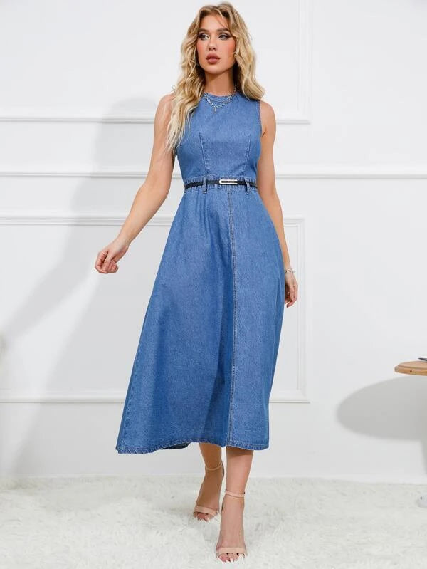 CM-DS653170 Women Elegant Seoul Style Round Neck Sleeveless Zip Back Denim Dress