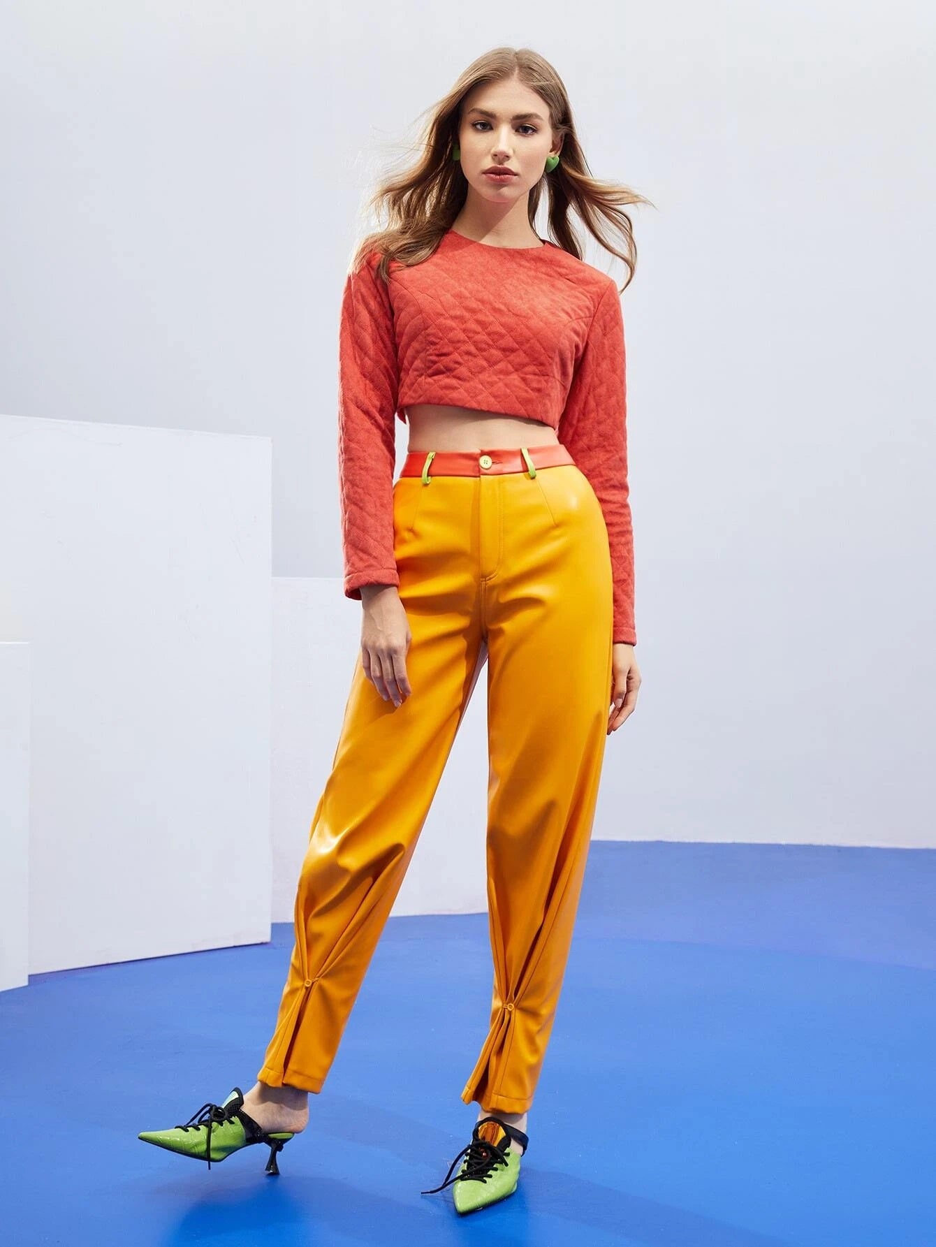 CM-BS041561 Women Elegant Seoul Style High Waist Colorblock Carrot Patent Pants - Ginger