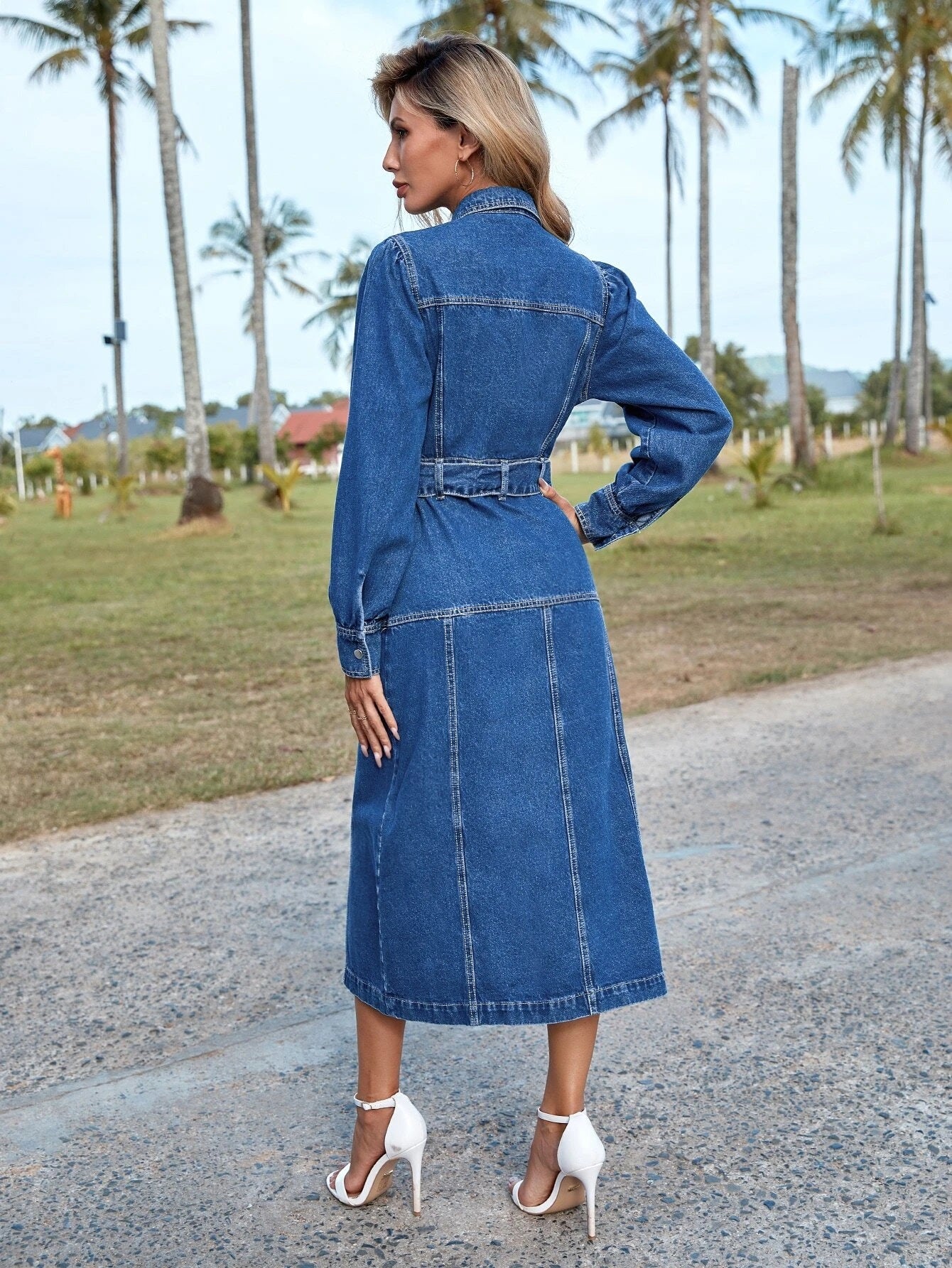 CM-DS636084 Women Preppy Seoul Style Puff Sleeve Slit Hem Belted Denim Dress