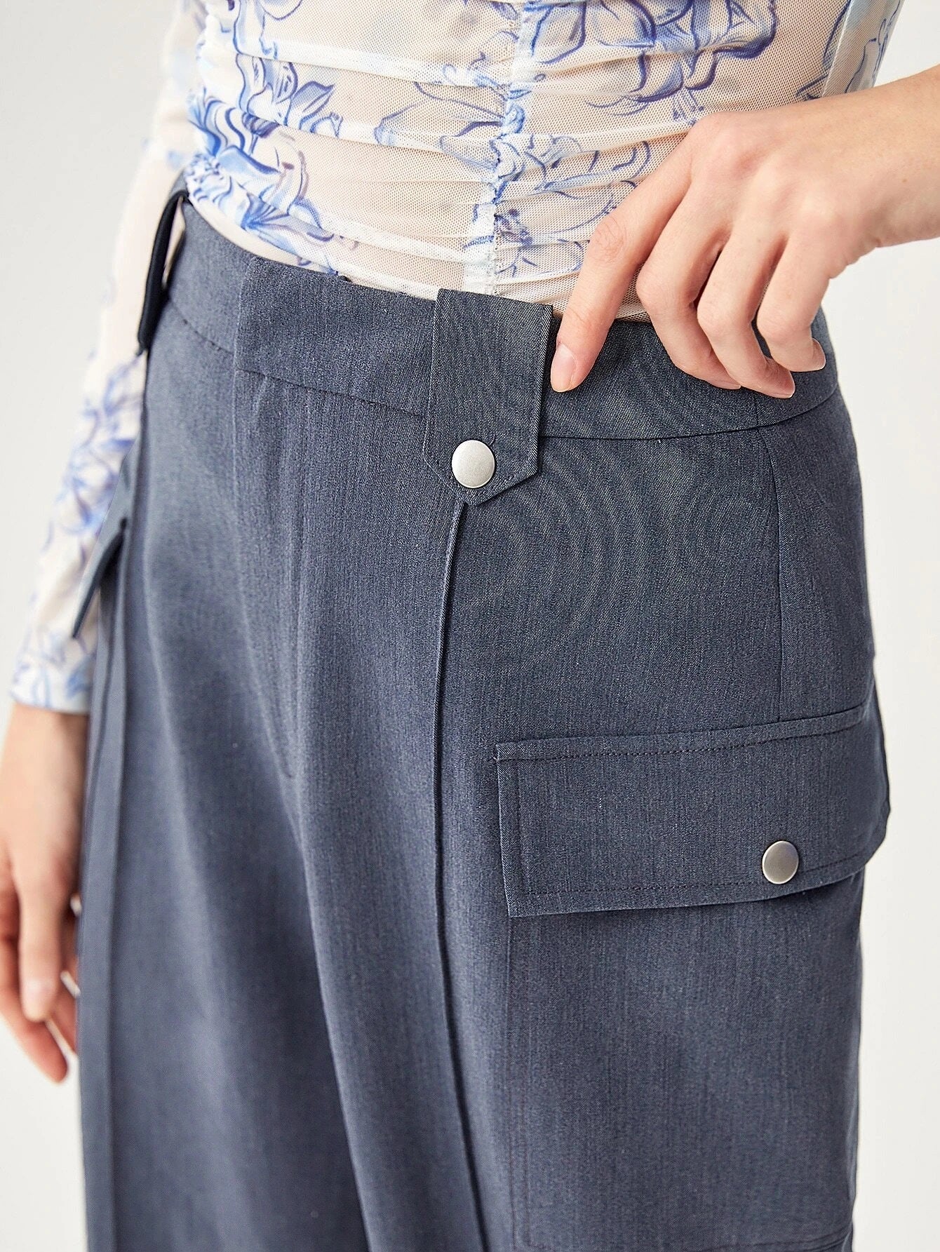 CM-BS088841 Women Elegant Seoul Style High Waist Flap Pocket Wide Leg Pants - Dusty Blue