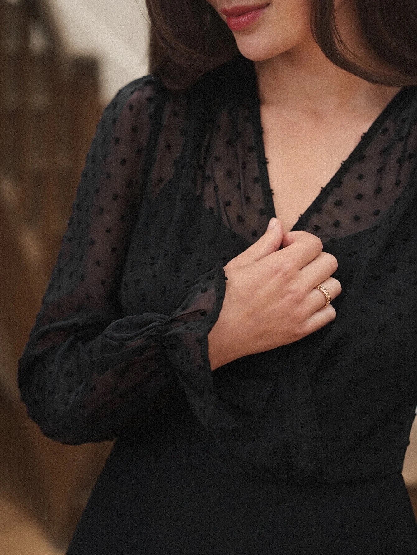 CM-JS257557 Women Elegant Seoul Style Swiss Dot Flounce Sleeve Jumpsuit - Black