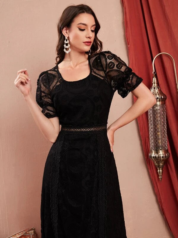 CM-DS851675 Women Elegant Seoul Style Flounce Sleeve Ruffle Hem Lace Dress - Black