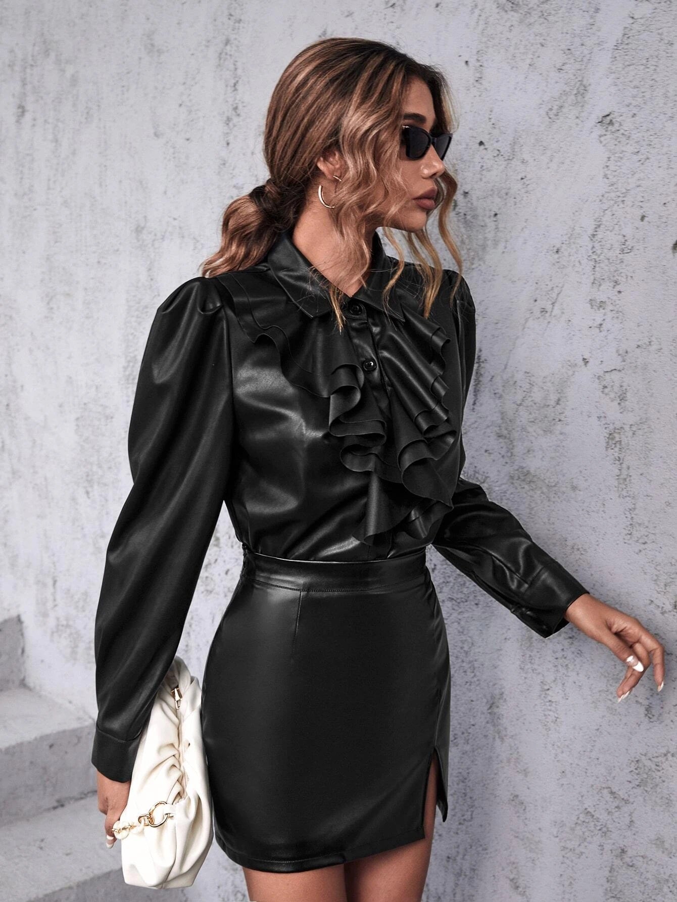 CM-TS594341 Women Elegant Seoul Style Neckline Collar Ruffle Trim Puff Sleeve Shirt - Black